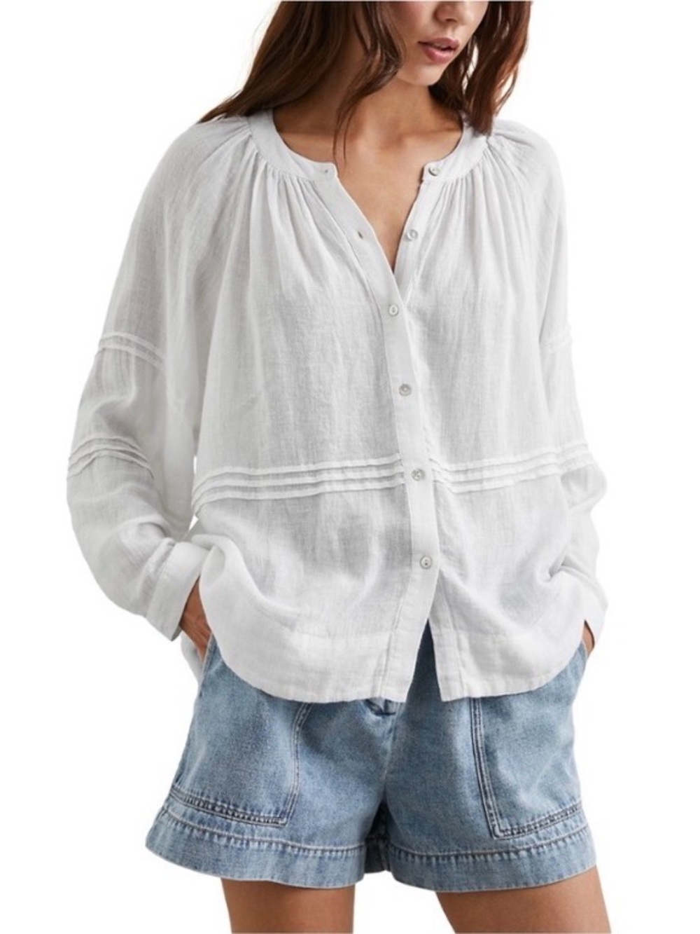 Rails Frances linen-blend button-up shirt featuring delicate pintuck detailing L